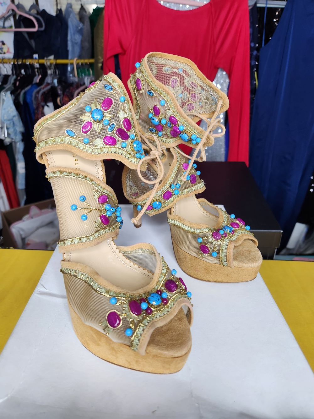 Charlotte Olympia Beige Platform Heels with Pink & Turquoise Gem Accents